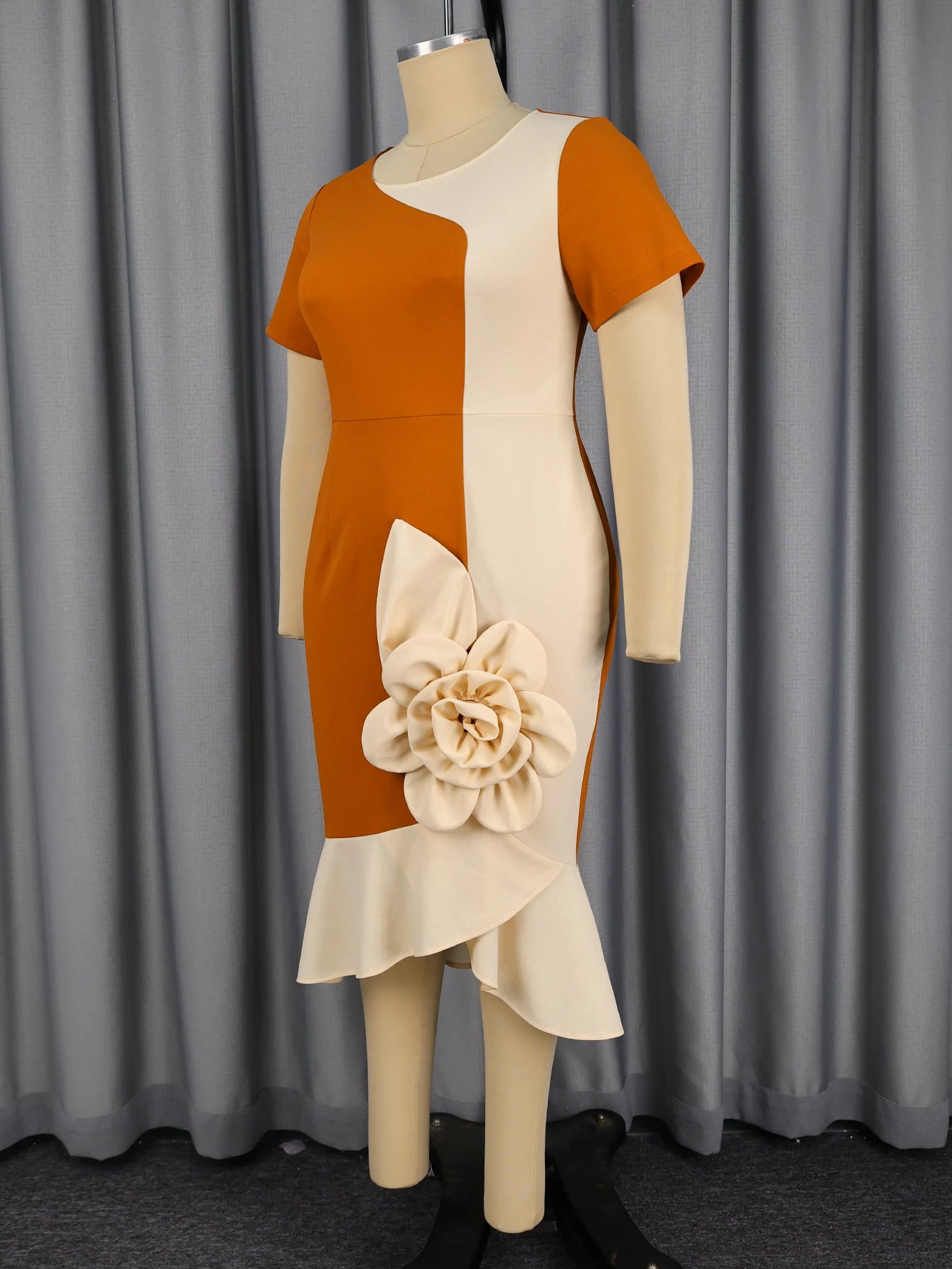Elegant Women Colorblock Bodycon Dresses O Neck Short Sleeves Big 3D Flowers Mermaid Party Church Office Ladies Work Waer New