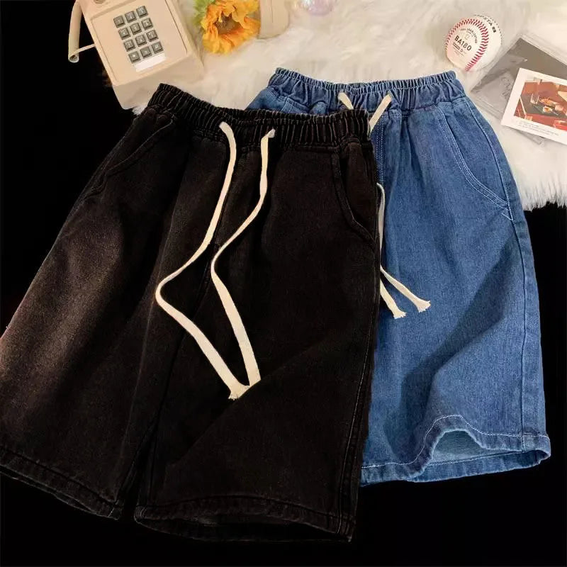 Mens Summer Denim Shorts Loose Fit American Style Casual Washed Elastic Waist Straight Leg Mid Length Shorts