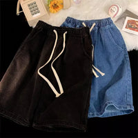 Mens Summer Denim Shorts Loose Fit American Style Casual Washed Elastic Waist Straight Leg Mid Length Shorts