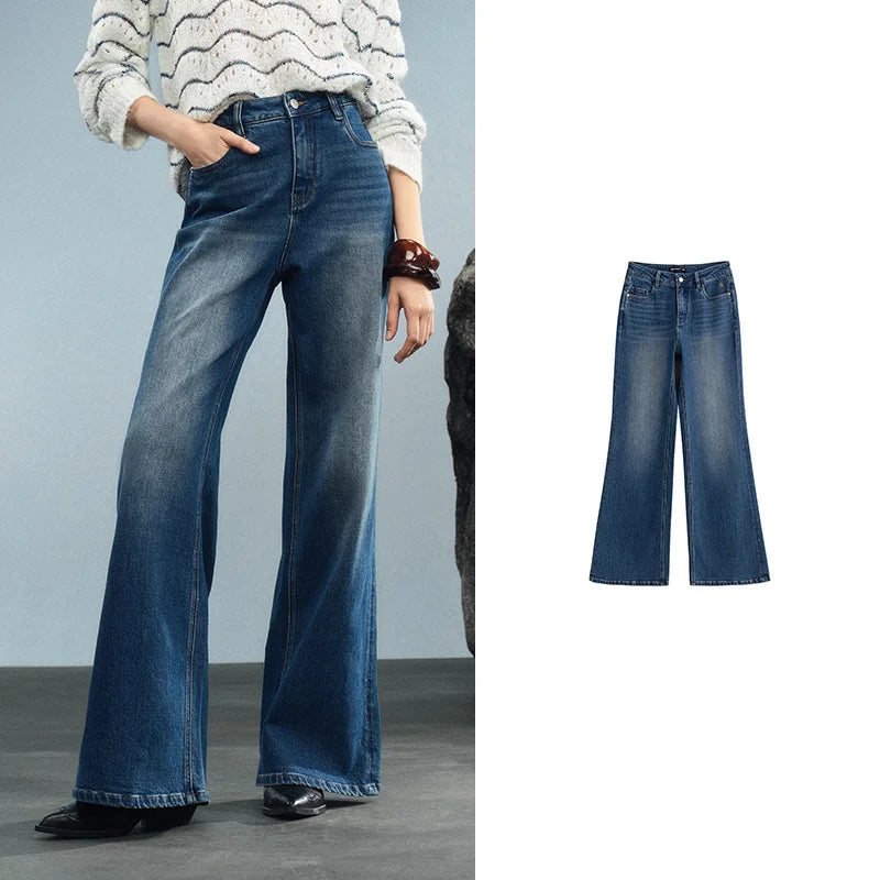 TOYOUTH Women Denim Jeans 2025 Autumn New Retro Lycra Micro Flare Pant