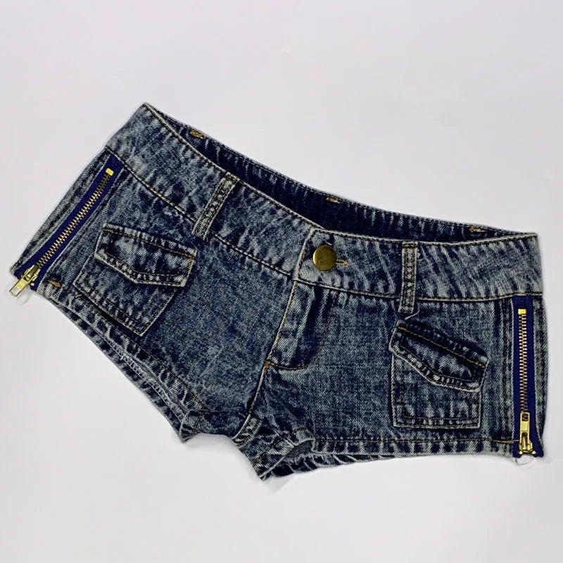 New Retro Women's Ultra Ripped Low Waist Thong Denim Shorts With Pockets Side Zipper Mini Short Female Jeans Feminino Nightclub