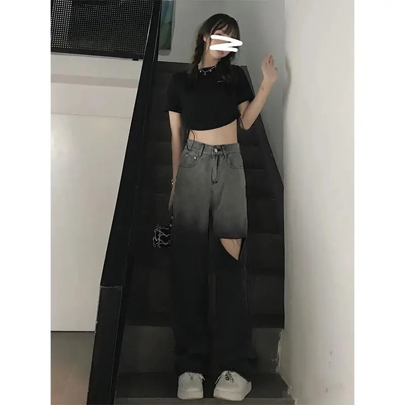 Ripped Jeans for Women Summer Design Niche High Waist Straight Pants Small Wide-leg Pants Retro Floor Trousers Trousers