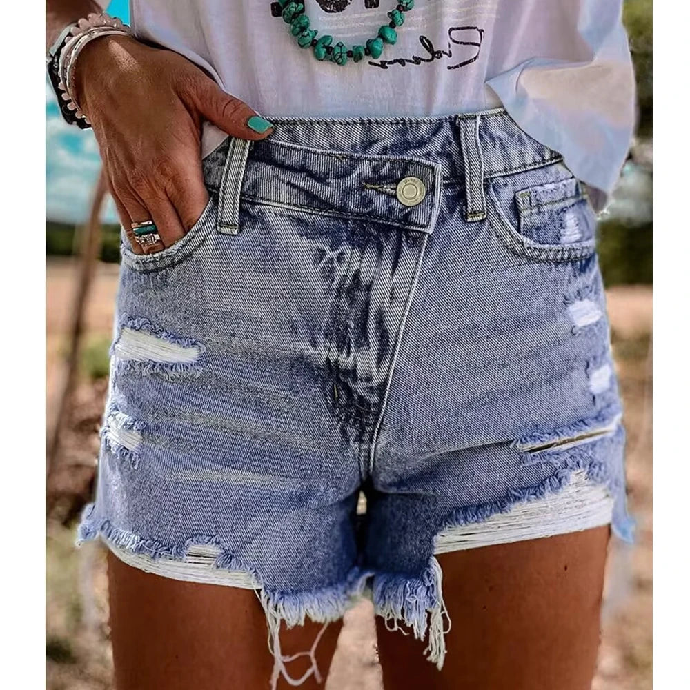 Wepbel Short Jeans Women Ripped Raw Hem Summer Vacation Denim Shorts Crossover High Waist Basic Leisure Denim Shorts