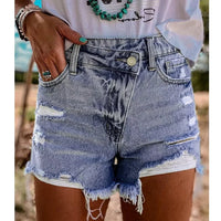 Wepbel Short Jeans Women Ripped Raw Hem Summer Vacation Denim Shorts Crossover High Waist Basic Leisure Denim Shorts