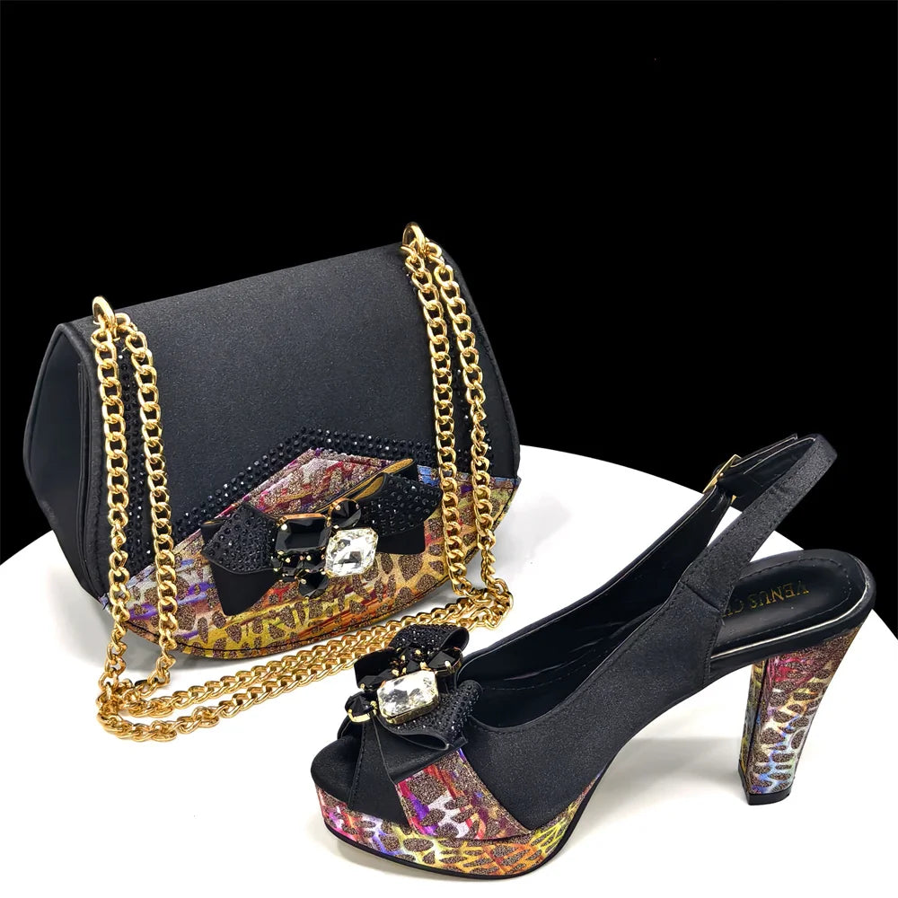 Venus Chan Nigerian Women Heel Party Shoes and Bag Set Royal Blue Colour Rhinestone Handbag Italian Design Wedding INS 2024