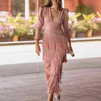 Autumn Long Sleeve Spliced Tassel Party Dresses Woman Elegant Deep V Neck Sheath Long Dress Fashion Solid Pleated Bohemian Dress