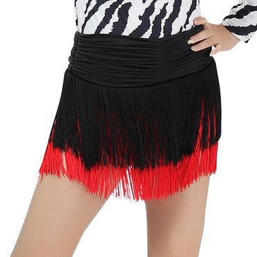 Women's Sexy Latin Dance Contrasting Colors Tassel Skirt With Built In Safety Shorts Soft Elastic Waistband Girly Dancewear