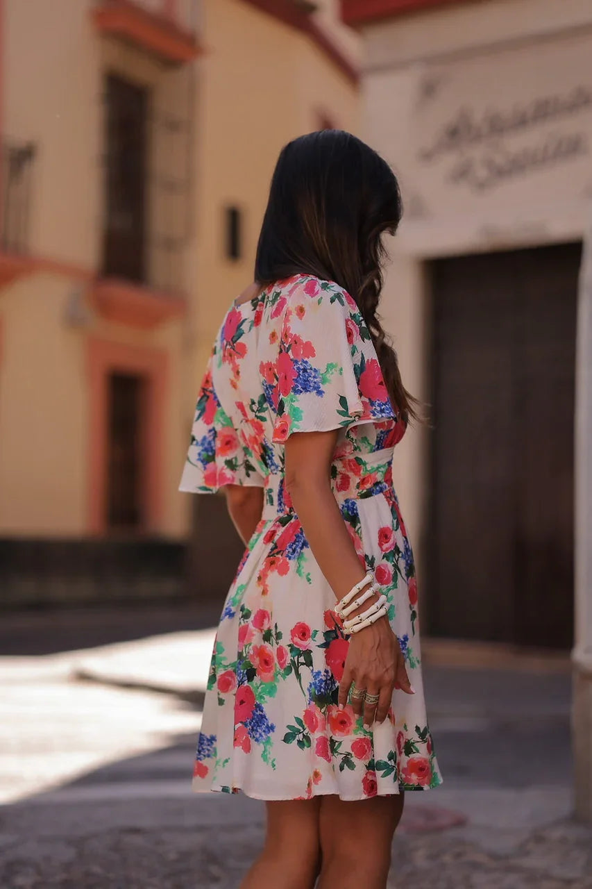 Euro-American Style Ivory Floral Print Deep V Flounce Sleeve Elastic Waist A-Line Summer Daily Date Vacation Mini Dress