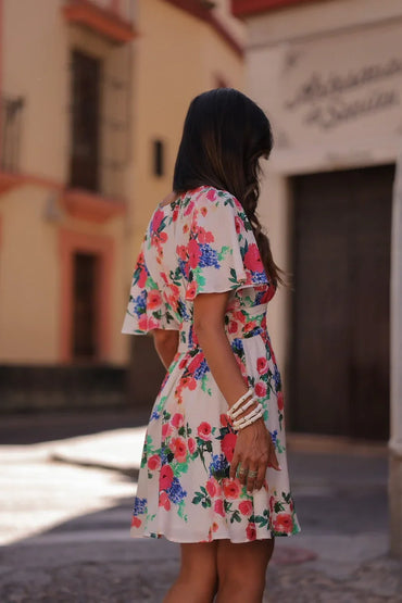 Euro-American Style Ivory Floral Print Deep V Flounce Sleeve Elastic Waist A-Line Summer Daily Date Vacation Mini Dress