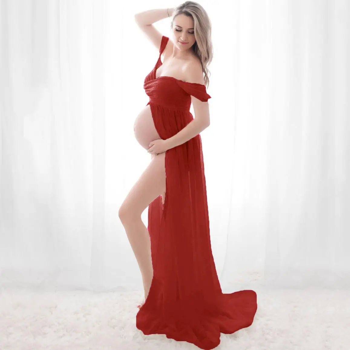 Mother Maternity Dresses for Photo Photography Props Women Pregnancy Dress Off Shoulder Lace Mesh Sheer Split Long Maxi Dress