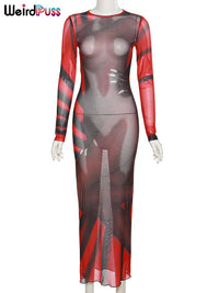 Weird Puss Women Mesh Sexy Maxi Dress See Through Coquette Gradient Handprint Trend Skinny Y2K Midnight Club Streetwear Outfits