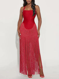 Vintage Sleeveless Halter Tassel Hem Dress Hot Girl Sleeveless Hollow Out Swing Dress Sexy Cocktail Party Backless Women's Dress