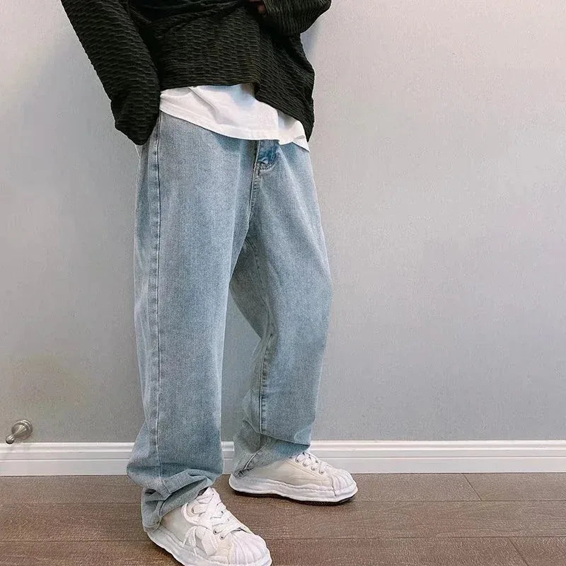 Baggy Jeans Men's Casual Wide Leg Straight Denim Pants Fashion Korean Style Hip Hop Streetwear Solid Color Casual Trousers Blue