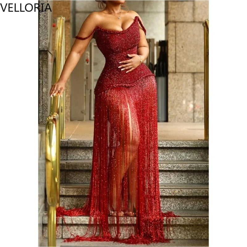 Brown Tassel Evening Dress African Woman Sexy Off-Shoulder Beaded Bustier Prom Gown Elegant Floor-Length Party Dress Customized