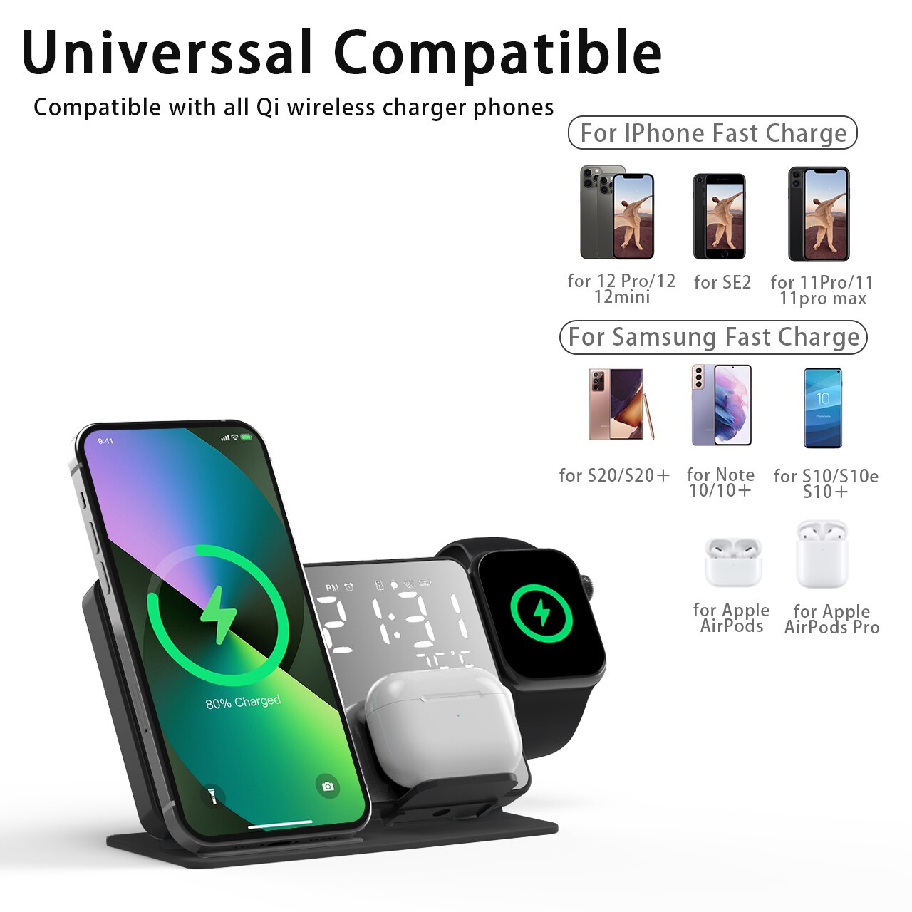 3 in 1 Wireless Charger For iPhone 14 13 12 Pro Apple Watch S8 7 15W Fast Charging Dock Station Desktop LED Digital Alarm Clock