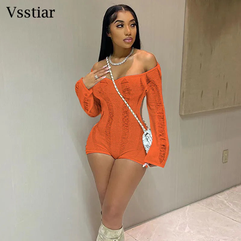 Vsstiar Sexy Hollow Out One Piece Women Playsuits Hipster Long Sleeve Backless Knitted Rompers See Through Summer Party Jumpsuit