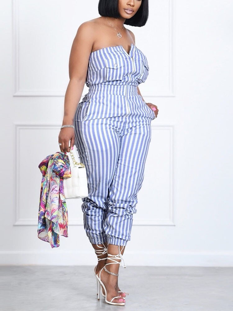 Women Casual Striped Jumpsuit Slim Zipper Front Tube Jumpsuit Overalls