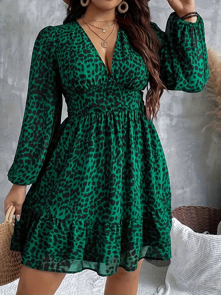 New Sexy V-Neck Leopard Print Long-Sleeve Dress Plus Size Women Clothing American Slim A-Line Skirt Elegant Party Evening Dress