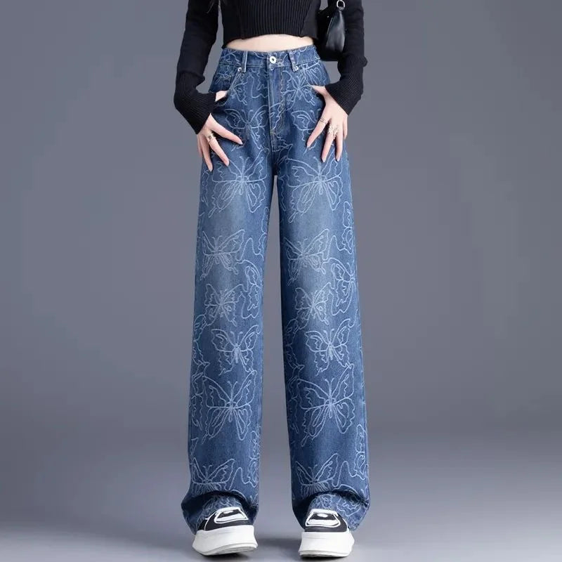 New Wide Leg Jeans Women Autumn High Waisted And Slim Casual All-match Jacquard Narrow Cut Straight Leg Pants Ladies Trouser