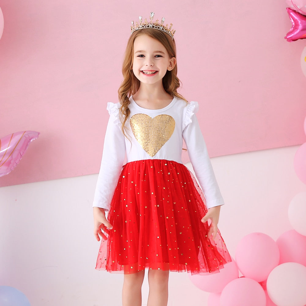 DXTON Princess Kids Dress Heart Sequined Girls Dress Winter Long Sleeve Children Clothing Tutu Flare Sleeve Kids Party Dresses