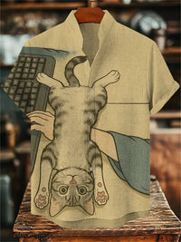 Men's Cat Print Short-Sleeve Shirt, Stand Collar Retro Casual Top, Breathable Slim Fit Shirt, Outdoor Casual Hawaiian Shirt