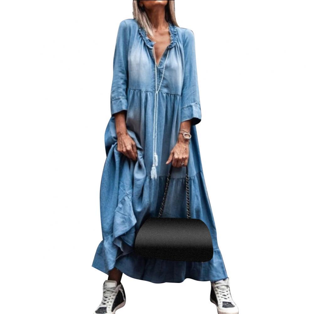 Loose Women 3/4 Sleeve Dress Vintage Tassel Plus size dress Denim apparel autumn Lace V Neck Large Hem Maxi Denim Dress