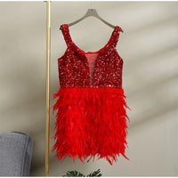 Sexy Sequins Feather Spliced Women Party Dresses 2022 Fall Sleeveless Backless Slash Neck Mini Dress Female Evening Club \