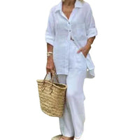 Summer Cotton Linen Casual Home 2 Piece Set For Women 2025 Fashion White Long Sleeve Shirt And Shorts Two Piece Sets Tracksuit
