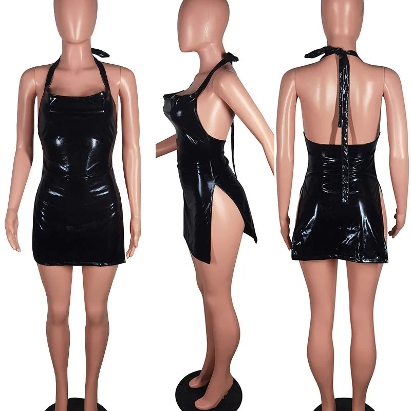 Shiny Metallic Party Night Club Mini Dress Women Y2K Clothing Halter Backless Double Side Split Sexy Short Dresses Wholesale