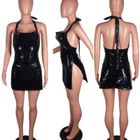 Shiny Metallic Party Night Club Mini Dress Women Y2K Clothing Halter Backless Double Side Split Sexy Short Dresses Wholesale