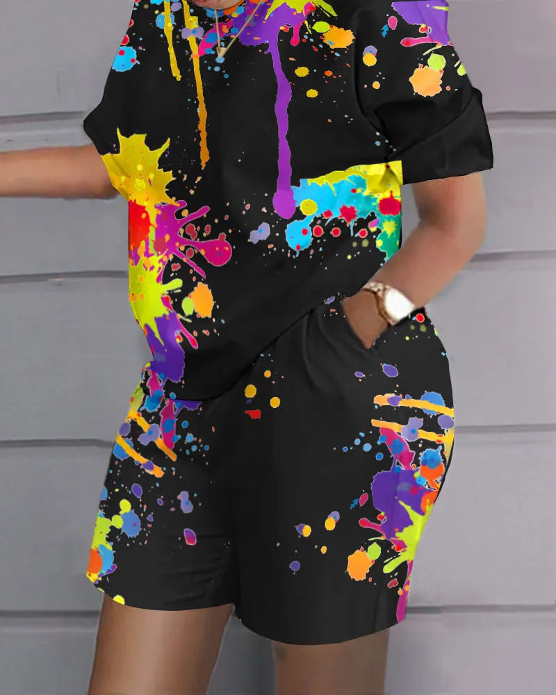 Women Print Two Piece Shorts Sets Matching Sets Short Sleeve T Shirts Pockets Elastic Waist Trousers Y2k Tops Suits Summer 2025