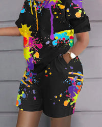 Women Print Two Piece Shorts Sets Matching Sets Short Sleeve T Shirts Pockets Elastic Waist Trousers Y2k Tops Suits Summer 2025