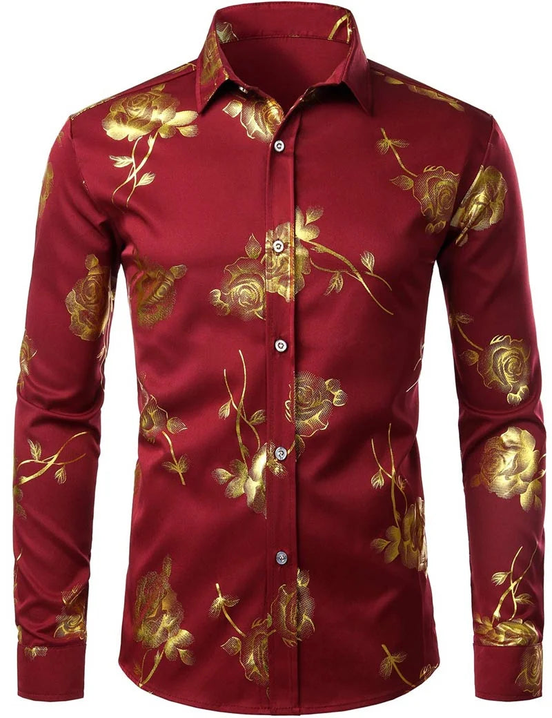 Mens Gold Rose Floral Print Shirts Brand Floral Steampunk Chemise White Long Sleeve Wedding Party Bronzing Camisa Masculina New