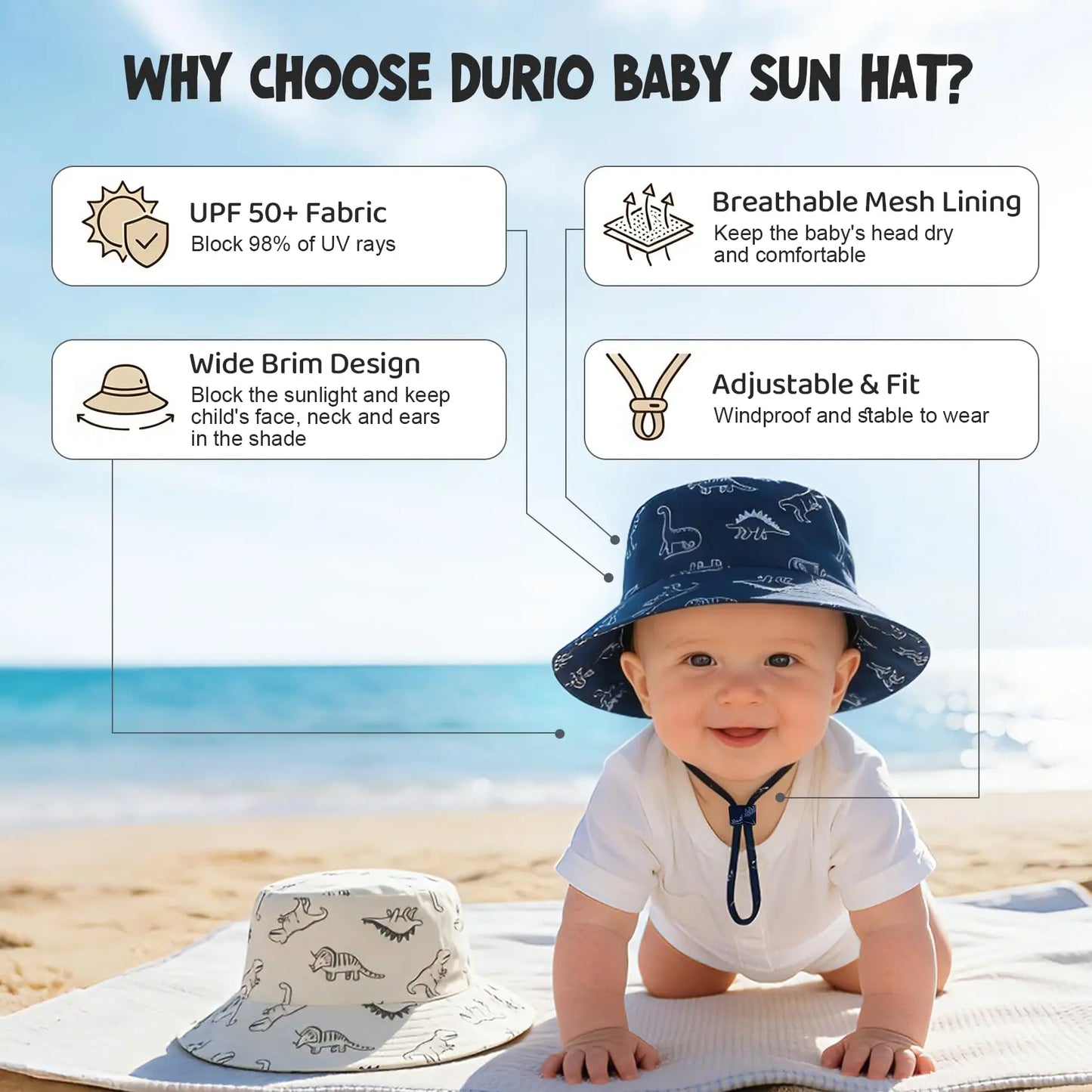Children Fisherman Sun Hat Unisex UPF 50+ Sun Protection Outdoor Beach Hat Mesh Breathable Dinosaur Print Wide Brim Bucket Hat