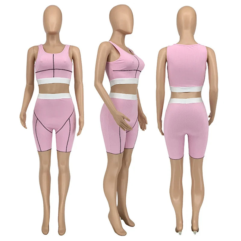 Knitted Ribbed Striped 2 Piece Sets Summer Outfits for Women 2023 Crop Top and Shorts Casual Matching Sets Sportwear Sweatsuits