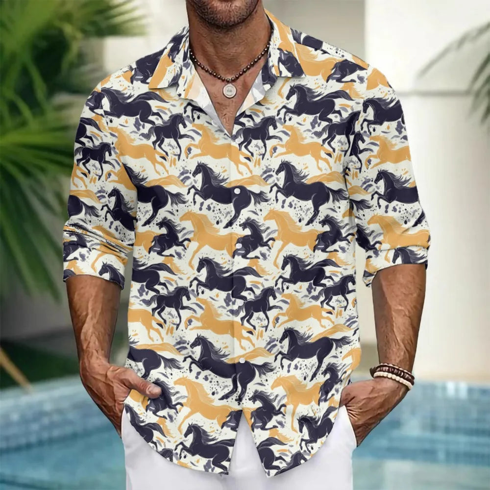 Hawaiian Button Up Shirts Equestrian Bloom Horse Floral Printed Full Sleeve Streetwear Casual Men Summer Vacay Beach Parties