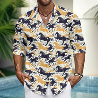 Hawaiian Button Up Shirts Equestrian Bloom Horse Floral Printed Full Sleeve Streetwear Casual Men Summer Vacay Beach Parties