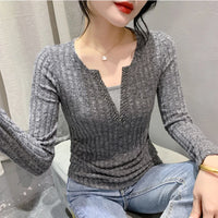 Sexy Hollow out V-Ne Pleated  Color Base irt Long Sve Women's T-irt Design Sense Bead Faion Youthful Slim Fit...