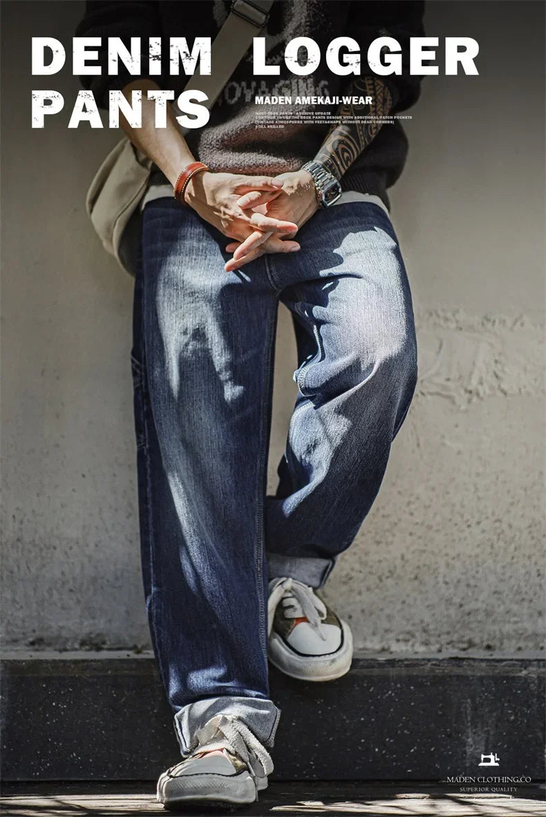 Maden Retro Blue Logging Mens Jeans with Washed Denim Loose Fit Cotton And Non-Elastic Waist Daily Wear Casual Pants