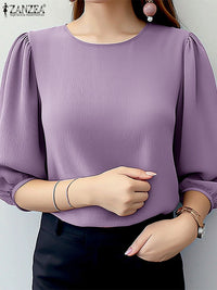 ZANZEA Women Crinkled Texture Puff Sleeve Blouse, Elegant O Neck 3/4 Sleeve Blusas Mujer, Summer Fashion Solid Color Casual Tops