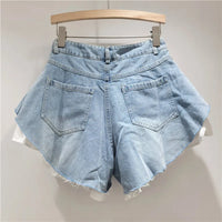 Fashion 2025 Summer New Collection Multi Layer Ruffles Patchwork Light Blue Wide Leg Denim Shorts Women High-waist Short Jeans