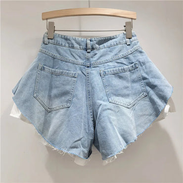 Fashion 2025 Summer New Collection Multi Layer Ruffles Patchwork Light Blue Wide Leg Denim Shorts Women High-waist Short Jeans