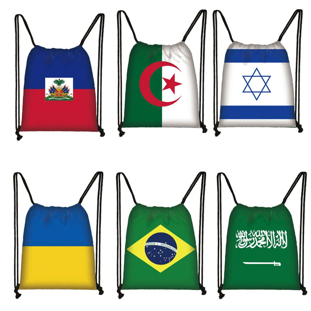 National Flag Print Backpack Ukraine Haiti Algeria Israel Brazil Men Drawstring Bag Women Shoulder Bags for Travel Shoes Holder