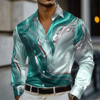 Men's shirt abstract liquid art 3D print shirt, spring and autumn lapel long-sleeved shirt, fashionable casual men's top