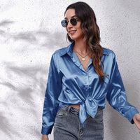 Women Satin Shirt 2023 Summer Silk Office Work Button Lapel Long Sleeve White Shirt Formal Dress Retro Casual Loose Solid Color