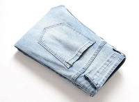Punk Street Style Ripped Skinny Jeans Men Vintage Wash Solid Denim Trouser Mens Casual Slim Fit Pencil Denim Holes Pants 2024