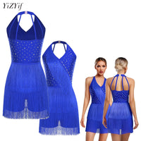 Women Rhinestones Latin Dance Costume Tassel Gymnastics Leotard Bodysuit Ballet Tango Salsa Jazz Performance Fringed Jumpsuits