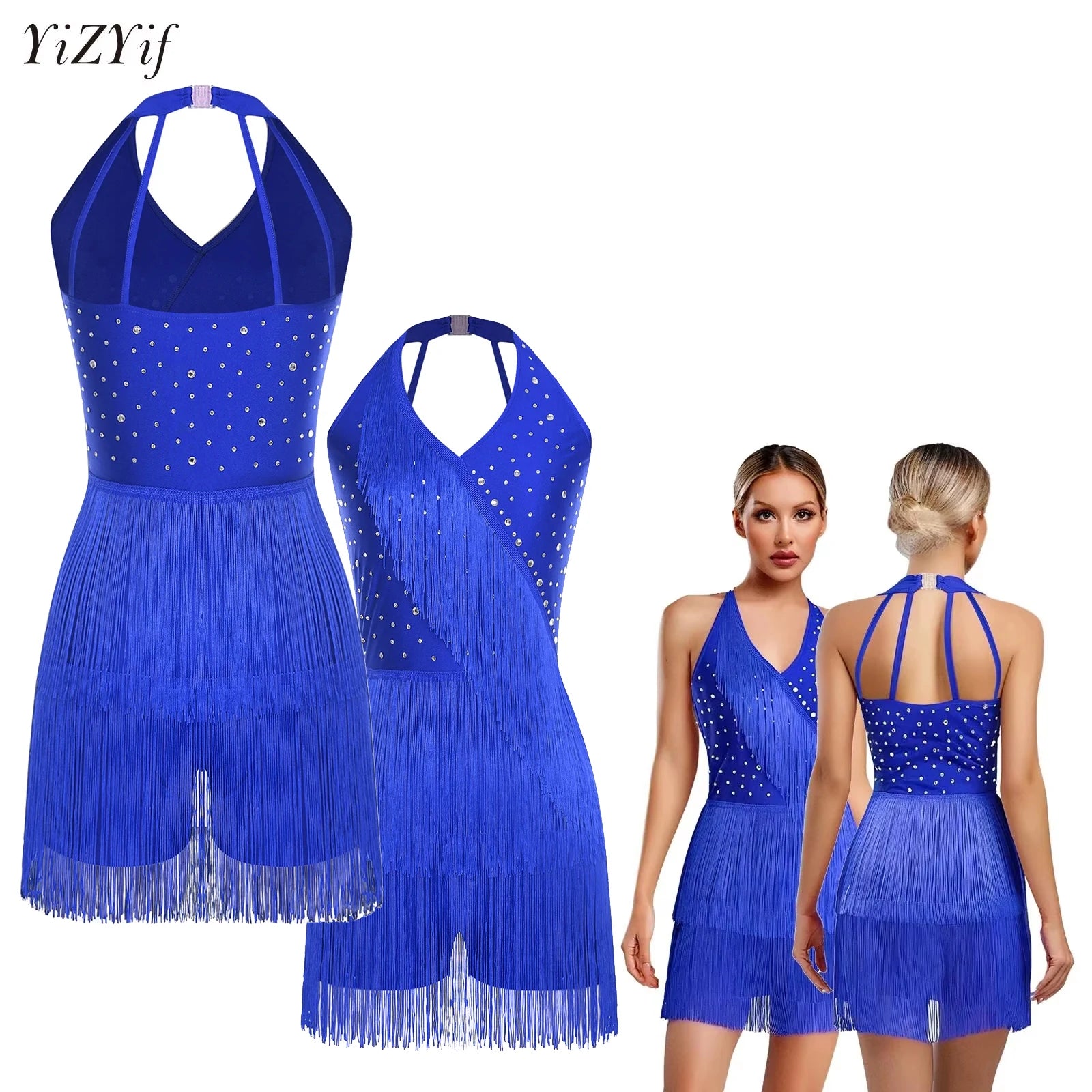 Women Rhinestones Latin Dance Costume Tassel Gymnastics Leotard Bodysuit Ballet Tango Salsa Jazz Performance Fringed Jumpsuits