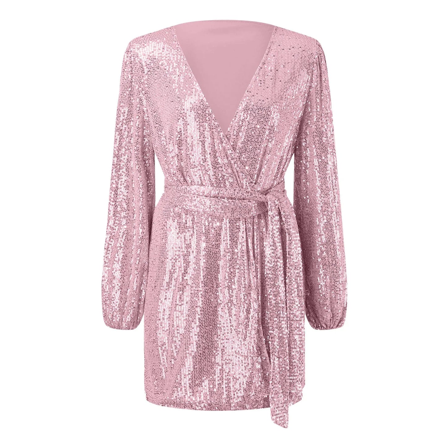 Autumn Sequin Mini Dress Sexy V-Neck Lantern Long Sleeve Belt Party Dresses For Women 2023 Nightclub Outfits Robe Femme 2023