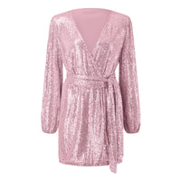 Autumn Sequin Mini Dress Sexy V-Neck Lantern Long Sleeve Belt Party Dresses For Women 2023 Nightclub Outfits Robe Femme 2023